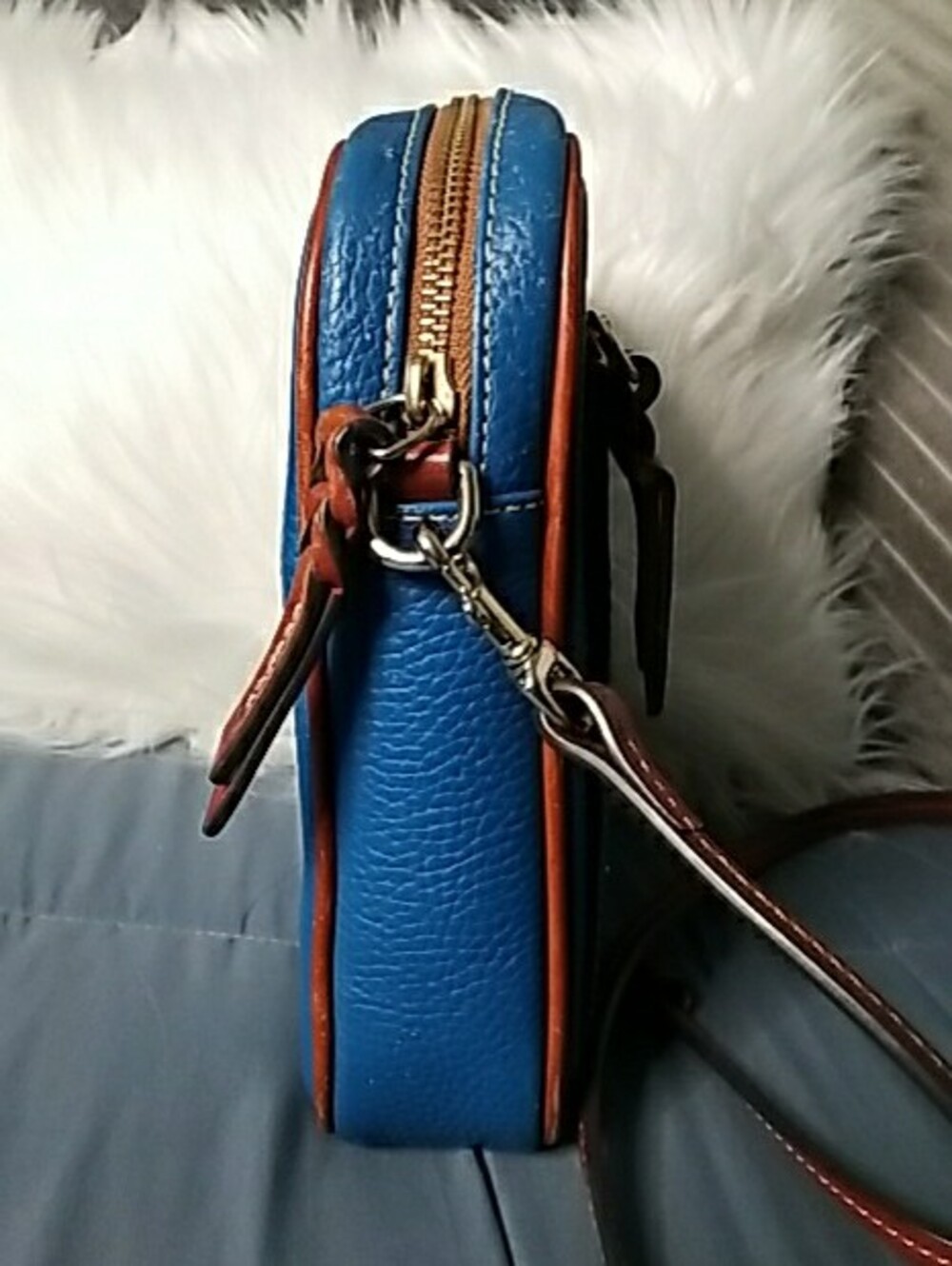 Dooney & Bourke Blue Pebbled Leather Crossbody with Brown Trim - Picture 2 of 13
